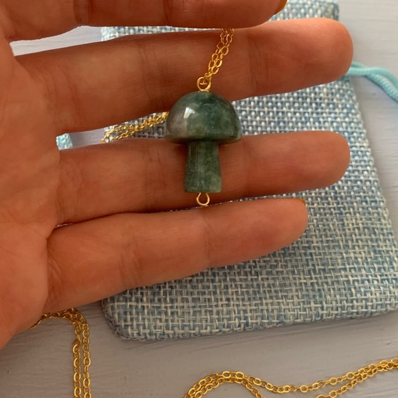 Moss Agate Mushroom Pendant Moss Agate Necklace Gold Plated Mushroom Necklace - Picture 3 of 4
